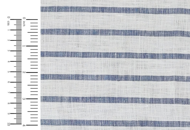 100% Linen Fabric – White Base with Horizontal Navy Stripes, Lightweight & Soft 4597