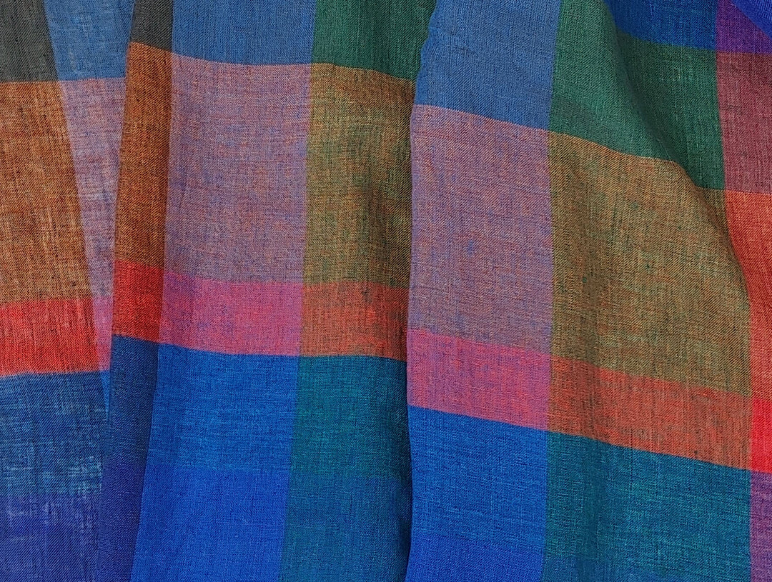 100% Linen Multi Color Big Plaid Fabric Light Weight 7167