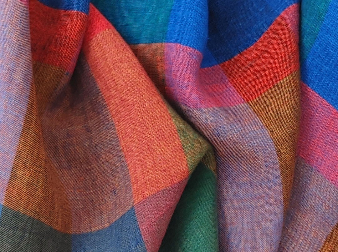 100% Linen Multi Color Big Plaid Fabric Light Weight 7167