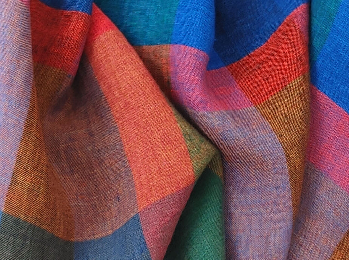 100% Linen Multi Color Big Plaid Fabric Light Weight 7167