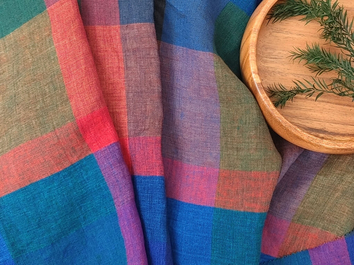 100% Linen Multi Color Big Plaid Fabric Light Weight 7167