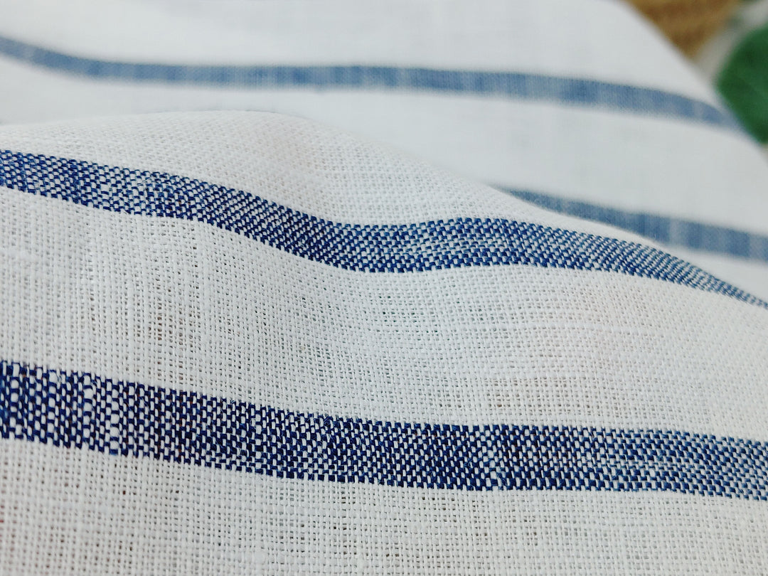 100% Linen Fabric – White Base with Horizontal Navy Stripes, Lightweight & Soft 4597