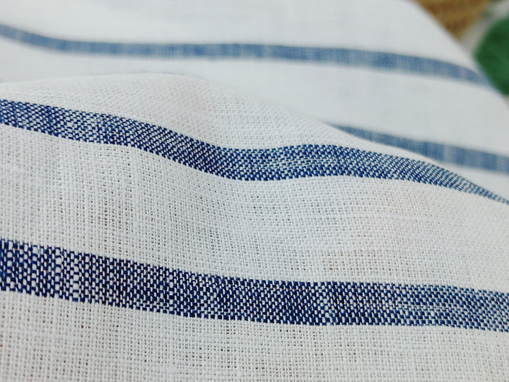100% Linen Fabric – White Base with Horizontal Navy Stripes, Lightweight & Soft 4597