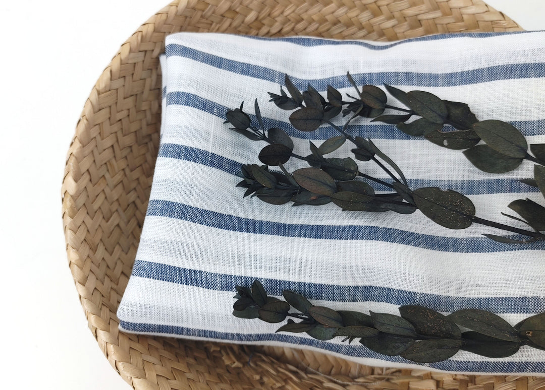100% Linen Fabric – White Base with Horizontal Navy Stripes, Lightweight & Soft 4597