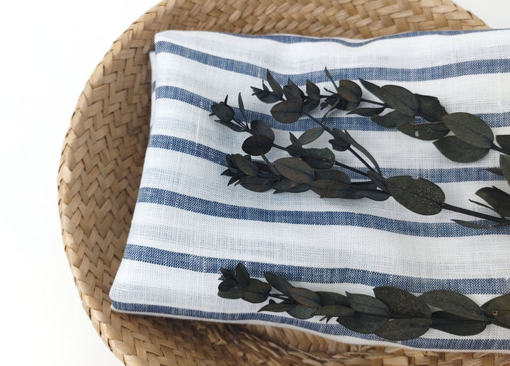 100% Linen Fabric – White Base with Horizontal Navy Stripes, Lightweight & Soft 4597