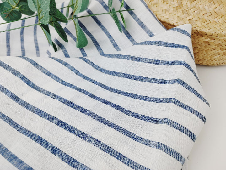 100% Linen Fabric – White Base with Horizontal Navy Stripes, Lightweight & Soft 4597