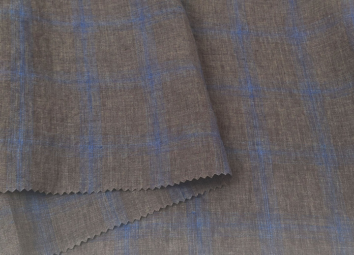 100% Linen Fabric – Naturally Faded Blue Plaid on Earthy Brown 8045