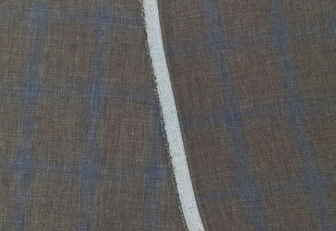 100% Linen Fabric – Naturally Faded Blue Plaid on Earthy Brown 8045