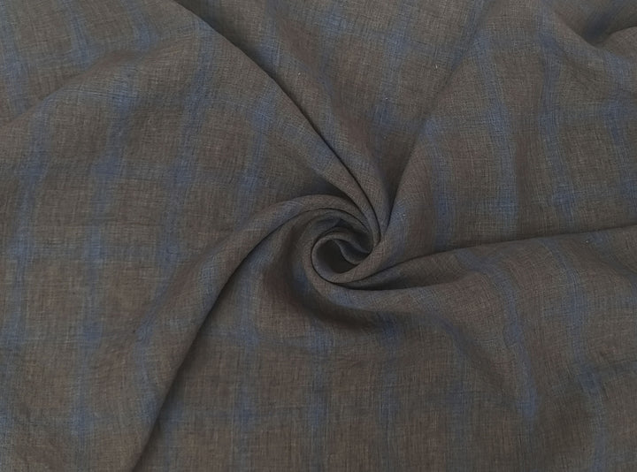 100% Linen Fabric – Naturally Faded Blue Plaid on Earthy Brown 8045