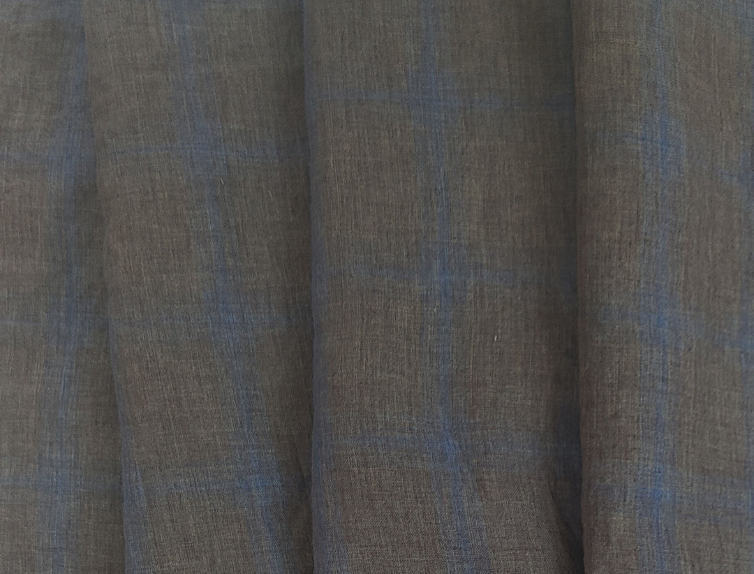 100% Linen Fabric – Naturally Faded Blue Plaid on Earthy Brown 8045
