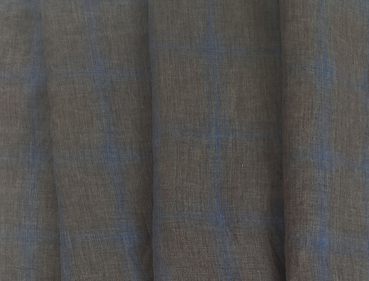 100% Linen Fabric – Naturally Faded Blue Plaid on Earthy Brown 8045