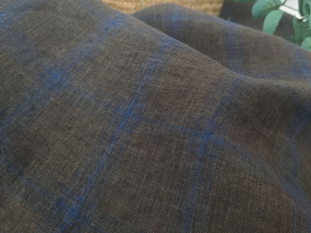 100% Linen Fabric – Naturally Faded Blue Plaid on Earthy Brown 8045