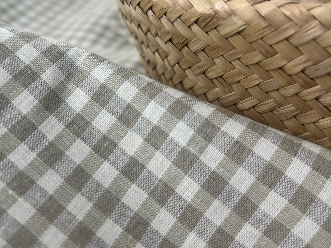 Linen Cotton Gingham Check Fabric – Ivory & Beige, 44" Wide, Soft Plain Weave 8196