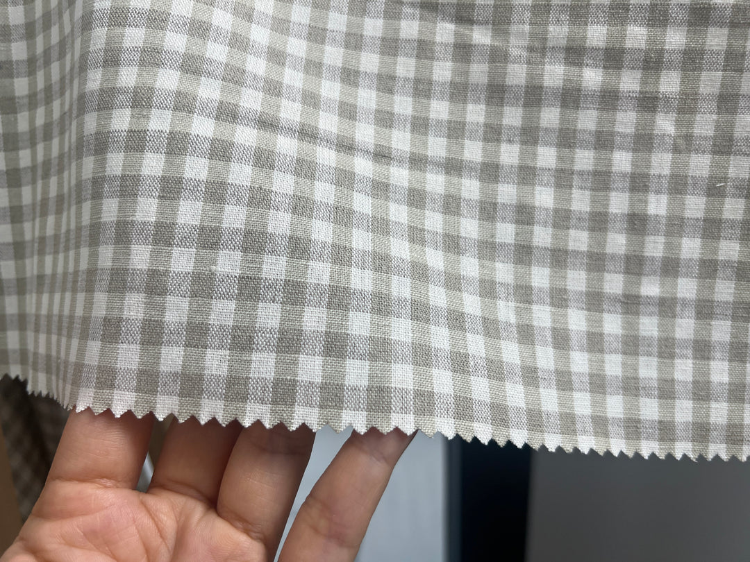 Linen Cotton Gingham Check Fabric – Ivory & Beige, 44" Wide, Soft Plain Weave 8196