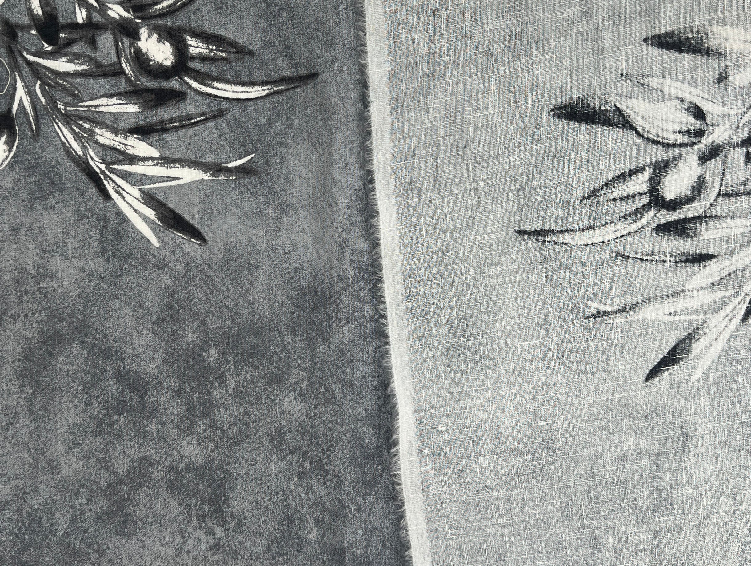 100% Linen Printed Fabric – Grey with Large Olive Branch Pattern (46×32 inch Panel) 6931