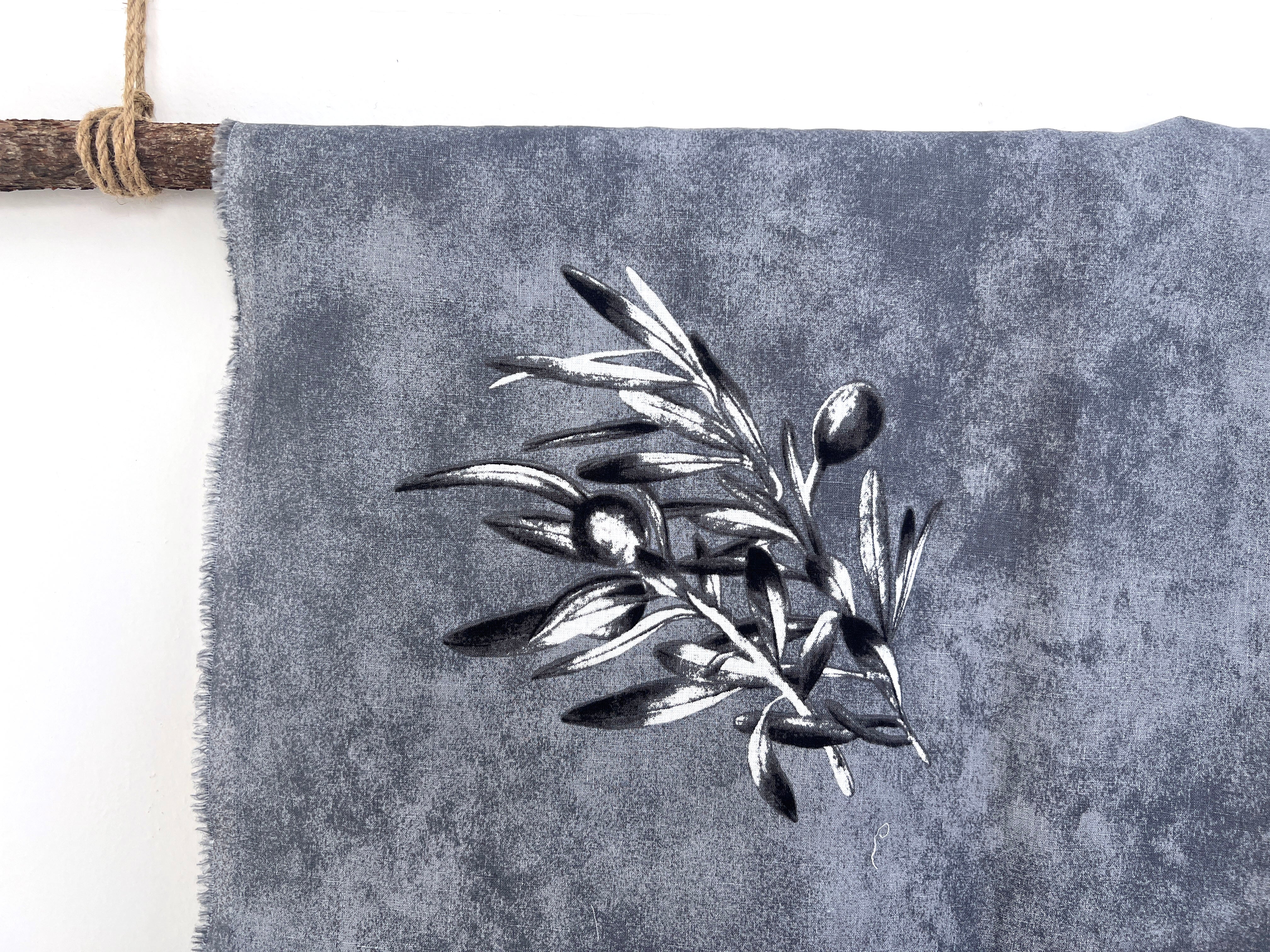100% Linen Printed Fabric – Grey with Large Olive Branch Pattern (46×32 inch Panel) 6931