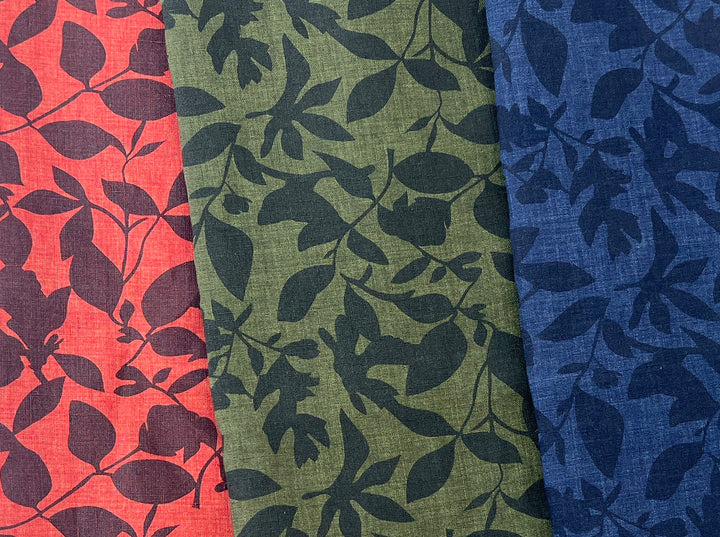 100% Linen Fabric – Lightweight Delavé Leaf Print, Soft Handfeel  7343 8189 8190