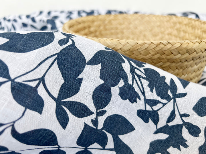 Navy Botanical Leaf Print on White Dobby Linen – 100% Linen, Lightweight 8191