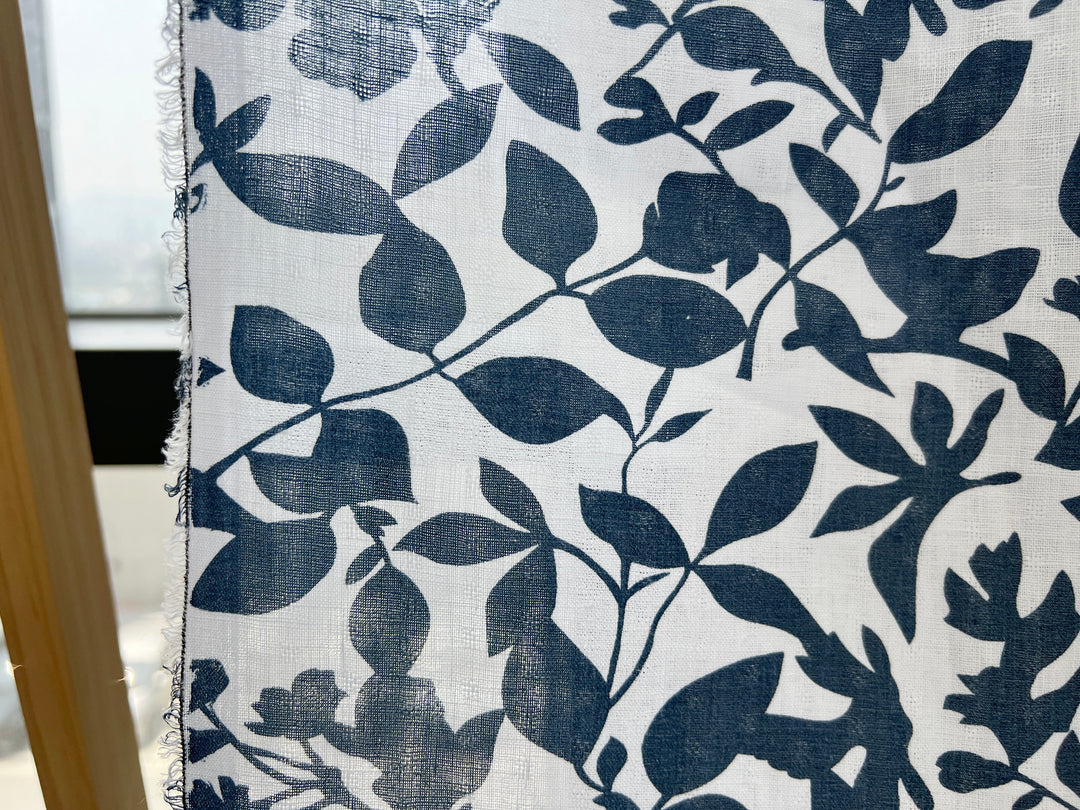 Navy Botanical Leaf Print on White Dobby Linen – 100% Linen, Lightweight 8191