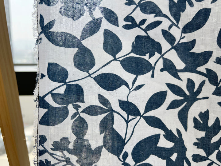 Navy Botanical Leaf Print on White Dobby Linen – 100% Linen, Lightweight 8191