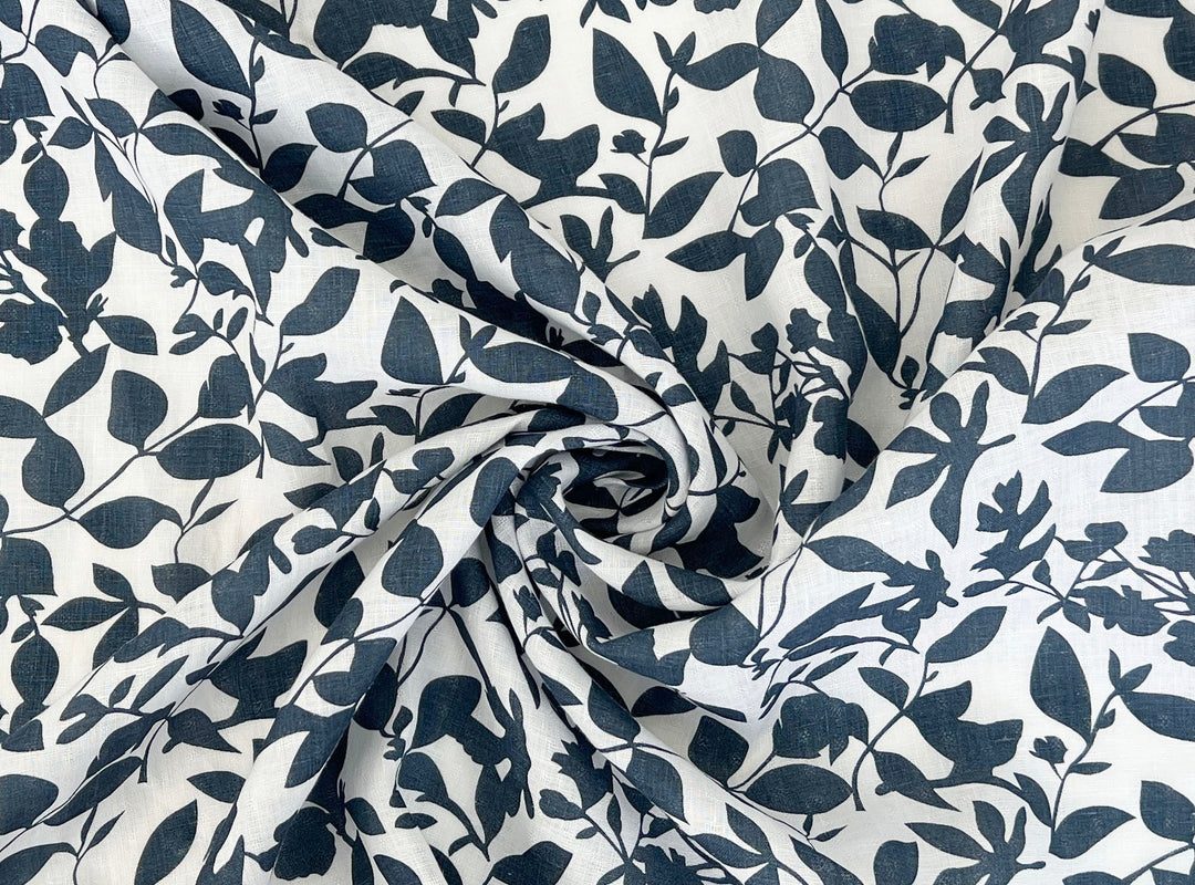 Navy Botanical Leaf Print on White Dobby Linen – 100% Linen, Lightweight 8191