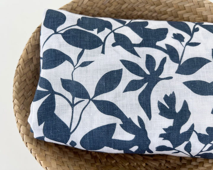Navy Botanical Leaf Print on White Dobby Linen – 100% Linen, Lightweight 8191