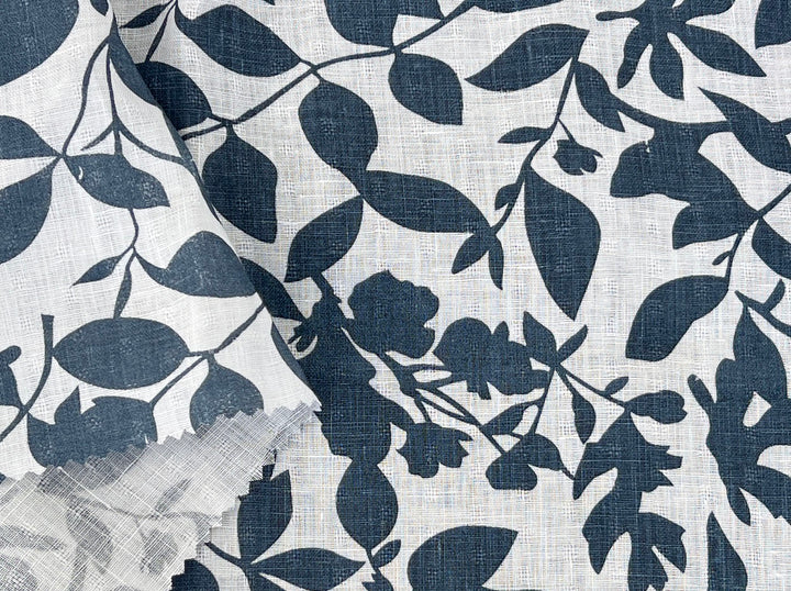 Navy Botanical Leaf Print on White Dobby Linen – 100% Linen, Lightweight 8191