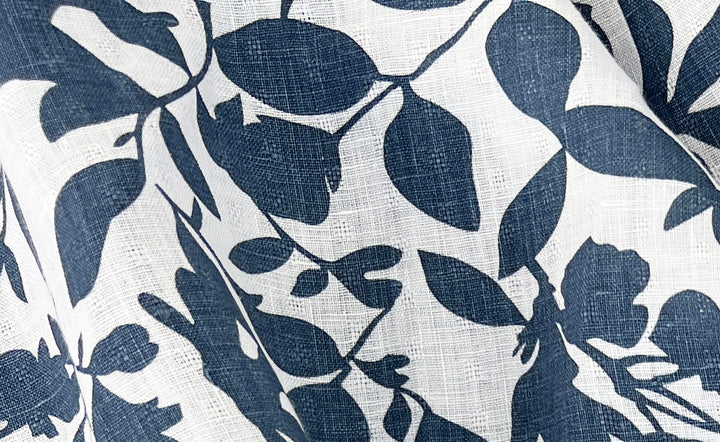 Navy Botanical Leaf Print on White Dobby Linen – 100% Linen, Lightweight 8191