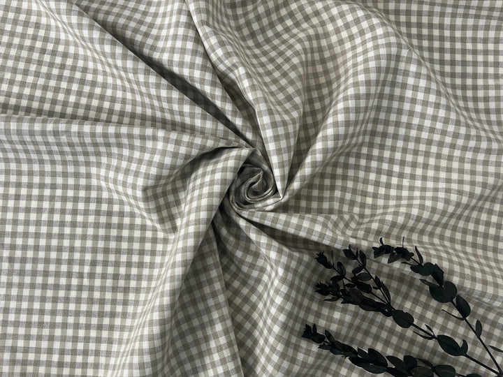 Linen Cotton Gingham Check Fabric – Ivory & Beige, 44" Wide, Soft Plain Weave 8196