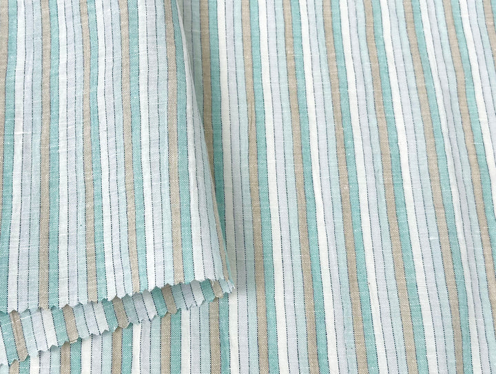 Light Linen Cotton Blend Fabric with Aqua & Beige Stripes 473