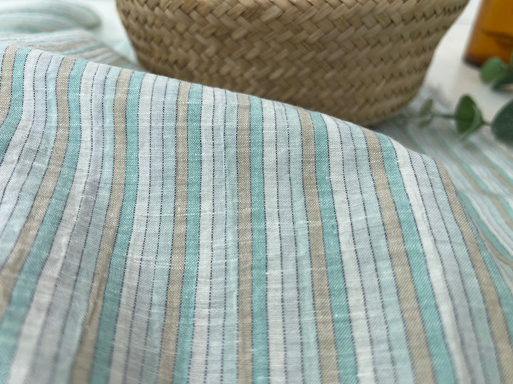 Light Linen Cotton Blend Fabric with Aqua & Beige Stripes 473