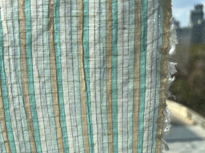 Light Linen Cotton Blend Fabric with Aqua & Beige Stripes 473