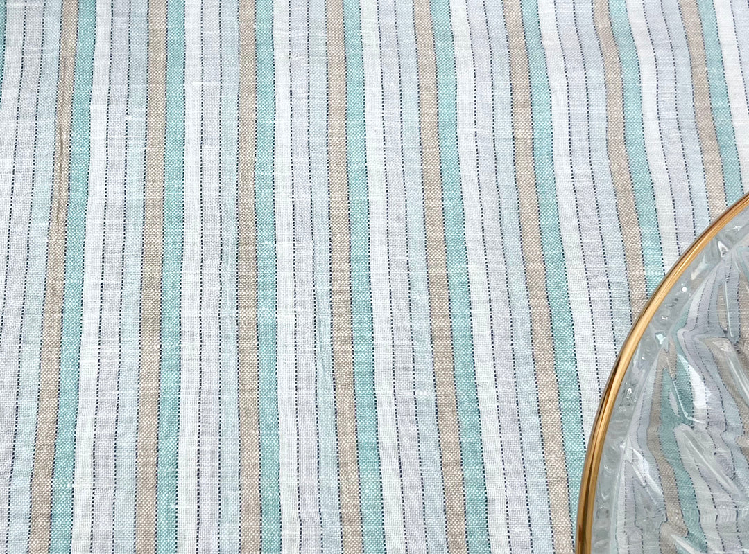 Light Linen Cotton Blend Fabric with Aqua & Beige Stripes 473