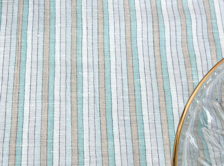 Light Linen Cotton Blend Fabric with Aqua & Beige Stripes 473