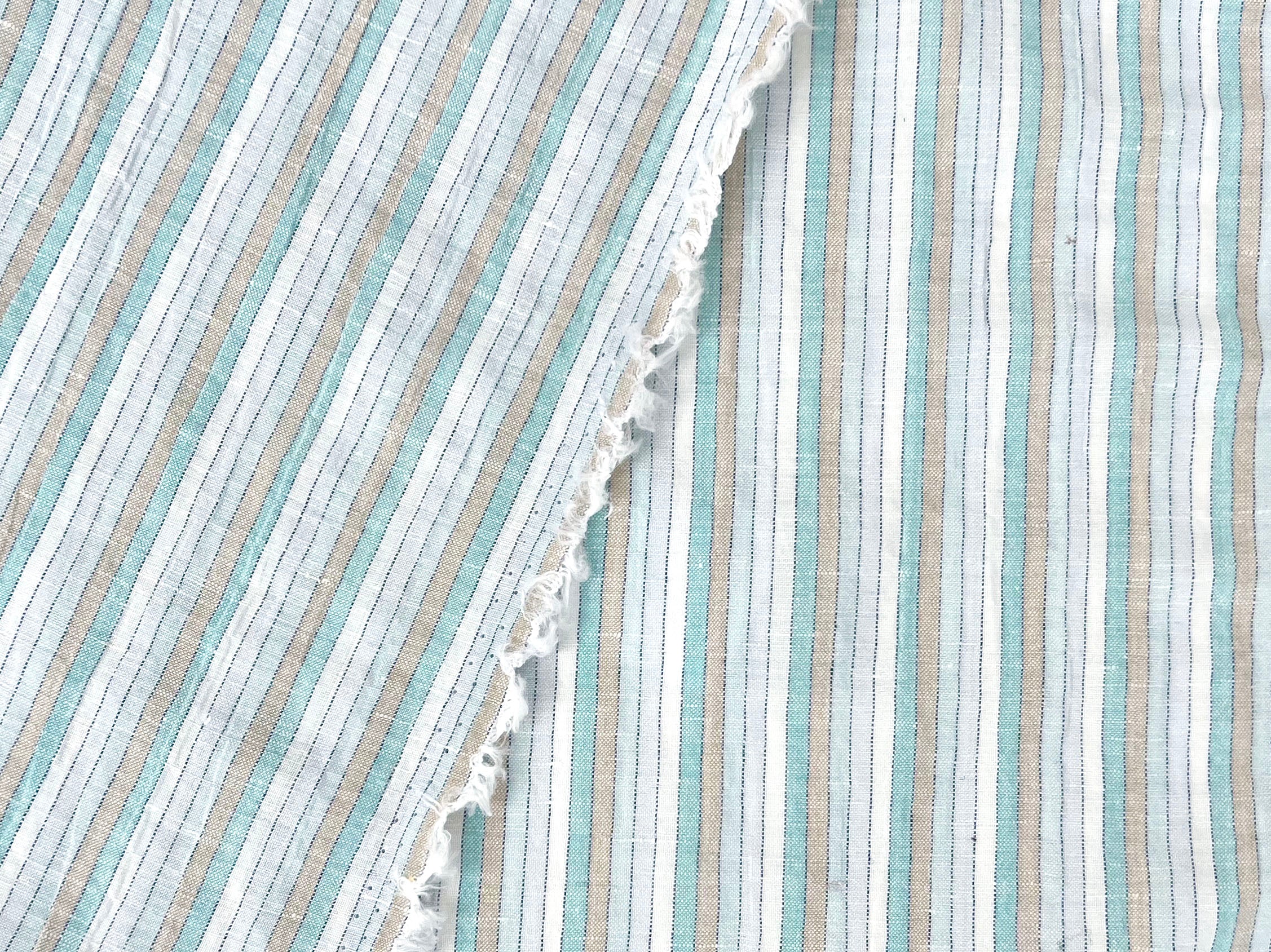 Light Linen Cotton Blend Fabric with Aqua & Beige Stripes 473