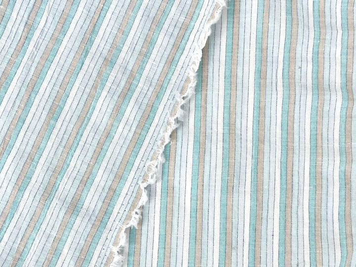 Light Linen Cotton Blend Fabric with Aqua & Beige Stripes 473