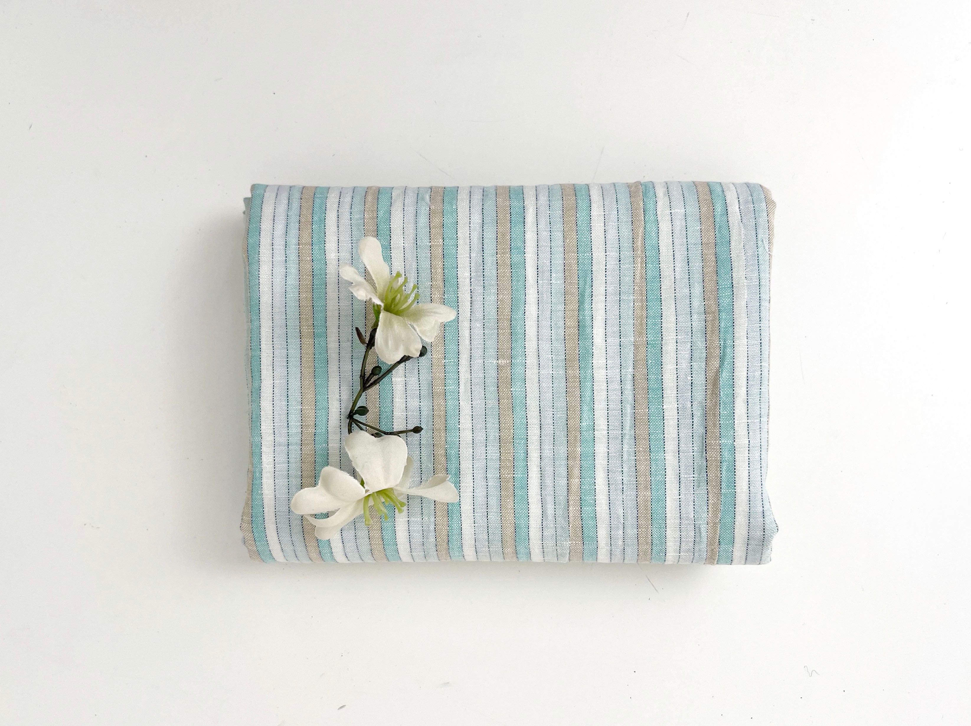 Light Linen Cotton Blend Fabric with Aqua & Beige Stripes 473