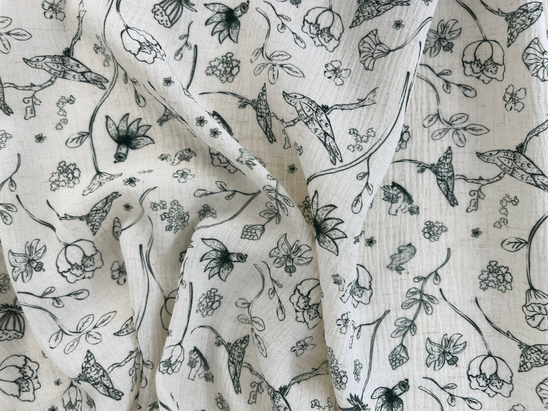 Birds of a Feather, Linen Rayon Print Fabric, Design by Madeline, Madswick Studio, 8222 8223 8224 8225
