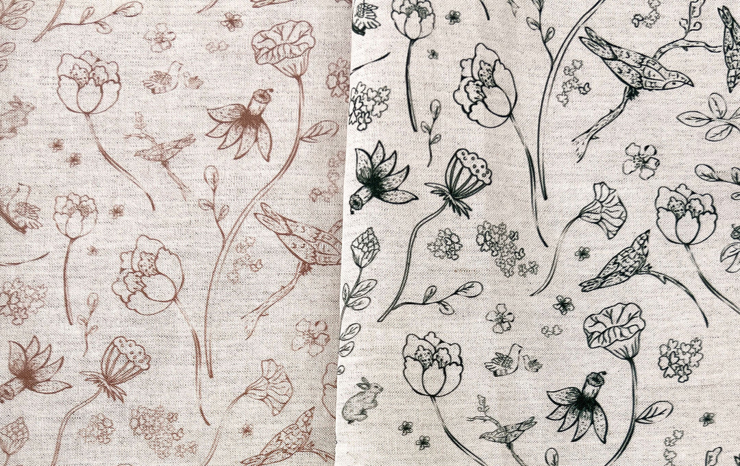 Birds of a Feather, Linen Rayon Silk Print Fabric, Design by Madeline, Madswick Studio, 8227 8228