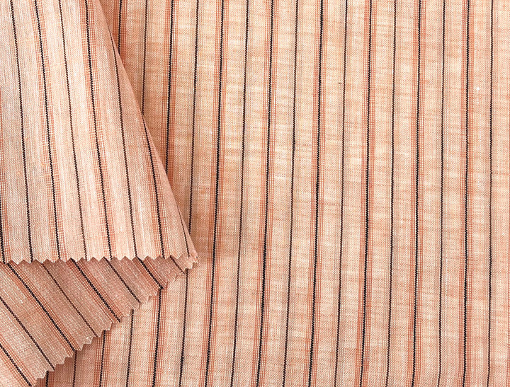100% Linen Fabric – Light Orange with Dark Grey Stripes, Lightweight, Pre-Washed 3768