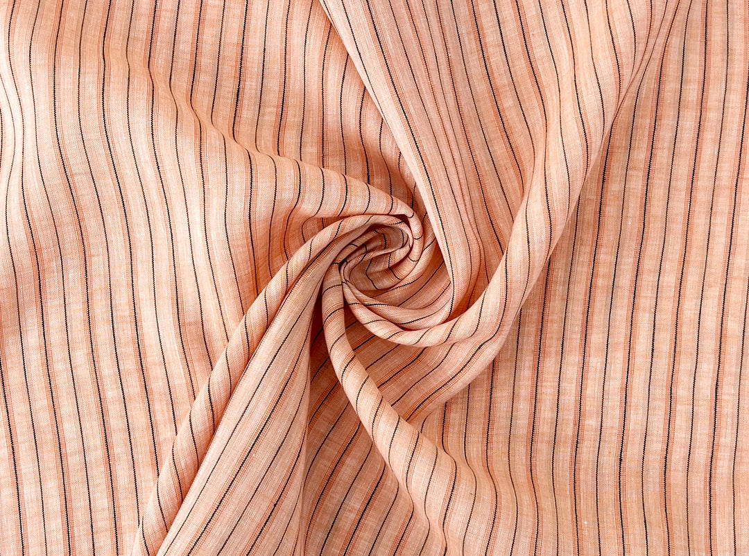100% Linen Fabric – Light Orange with Dark Grey Stripes, Lightweight, Pre-Washed 3768