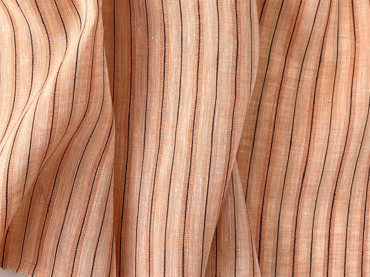 100% Linen Fabric – Light Orange with Dark Grey Stripes, Lightweight, Pre-Washed 3768