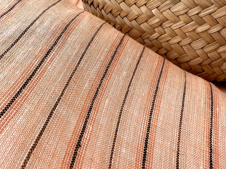 100% Linen Fabric – Light Orange with Dark Grey Stripes, Lightweight, Pre-Washed 3768