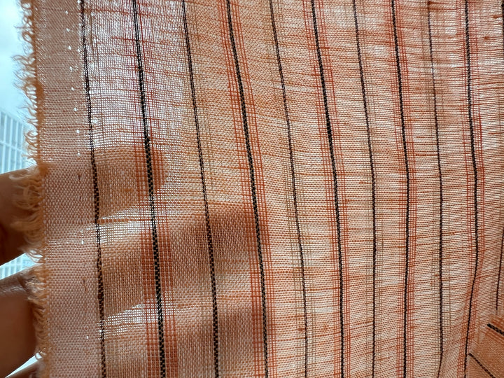 100% Linen Fabric – Light Orange with Dark Grey Stripes, Lightweight, Pre-Washed 3768