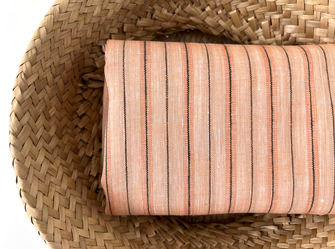 100% Linen Fabric – Light Orange with Dark Grey Stripes, Lightweight, Pre-Washed 3768