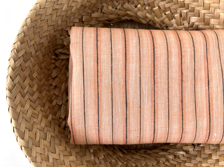 100% Linen Fabric – Light Orange with Dark Grey Stripes, Lightweight, Pre-Washed 3768