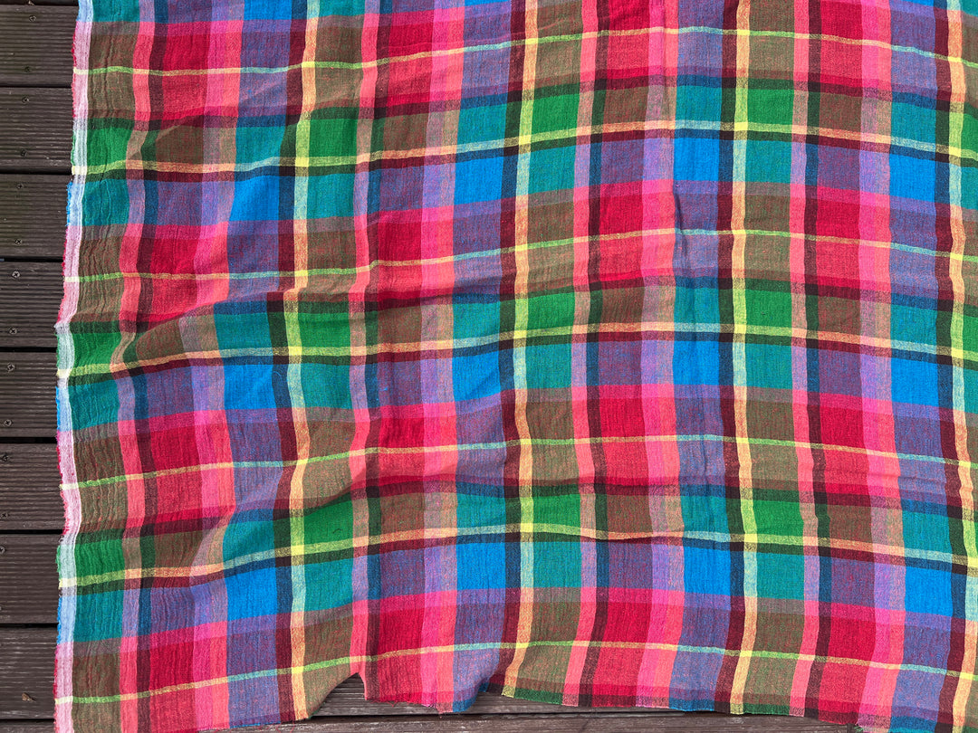 Vivid Multicolor Madras Plaid Linen Blend Fabric – Light Weight with Natural Wrinkle Effect  7587