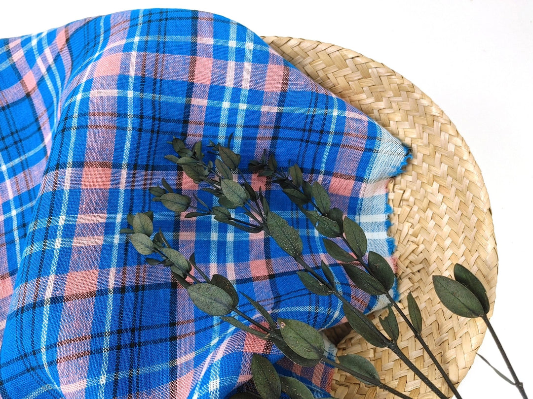Contemporary Blue Tartan Plaid: 100% Linen Fabric, Medium-Light Weight 7570 - The Linen Lab - Blue