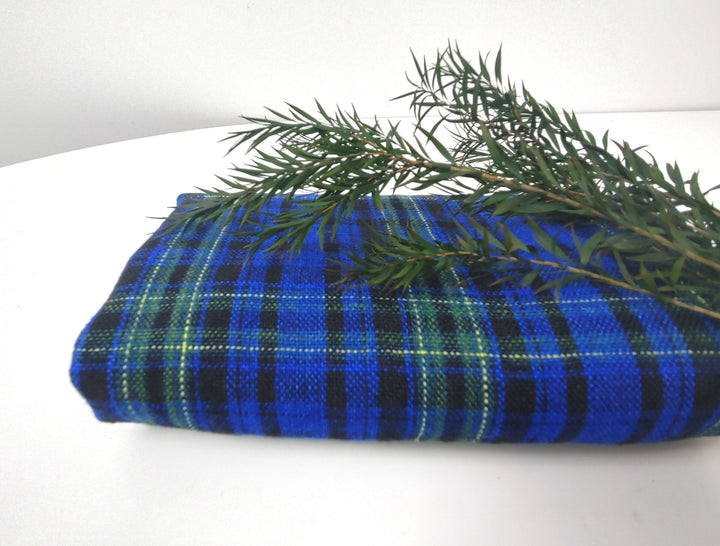 Dark Blue Plaid: 100% Linen Heavyweight Fabric 7755 - The Linen Lab - Blue