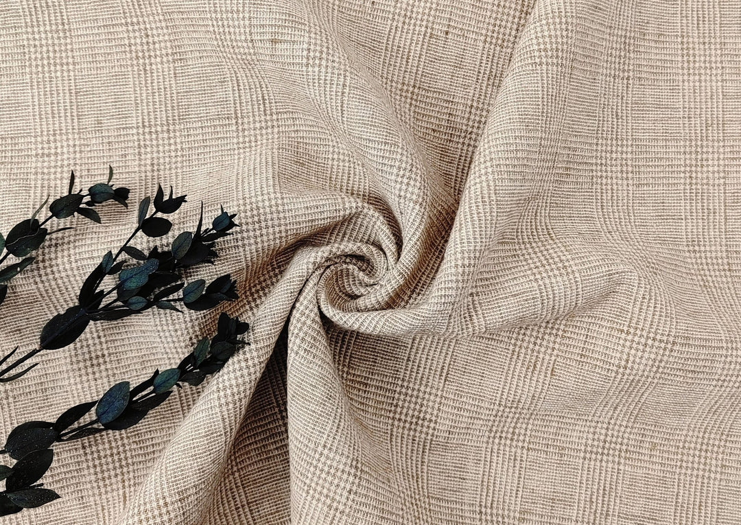Premium Linen Cotton Beige Glen Plaid Fabric Heavy Weight: Timeless Elegance for Your Wardrobe and Home Décor 7598 - The Linen Lab - Beige